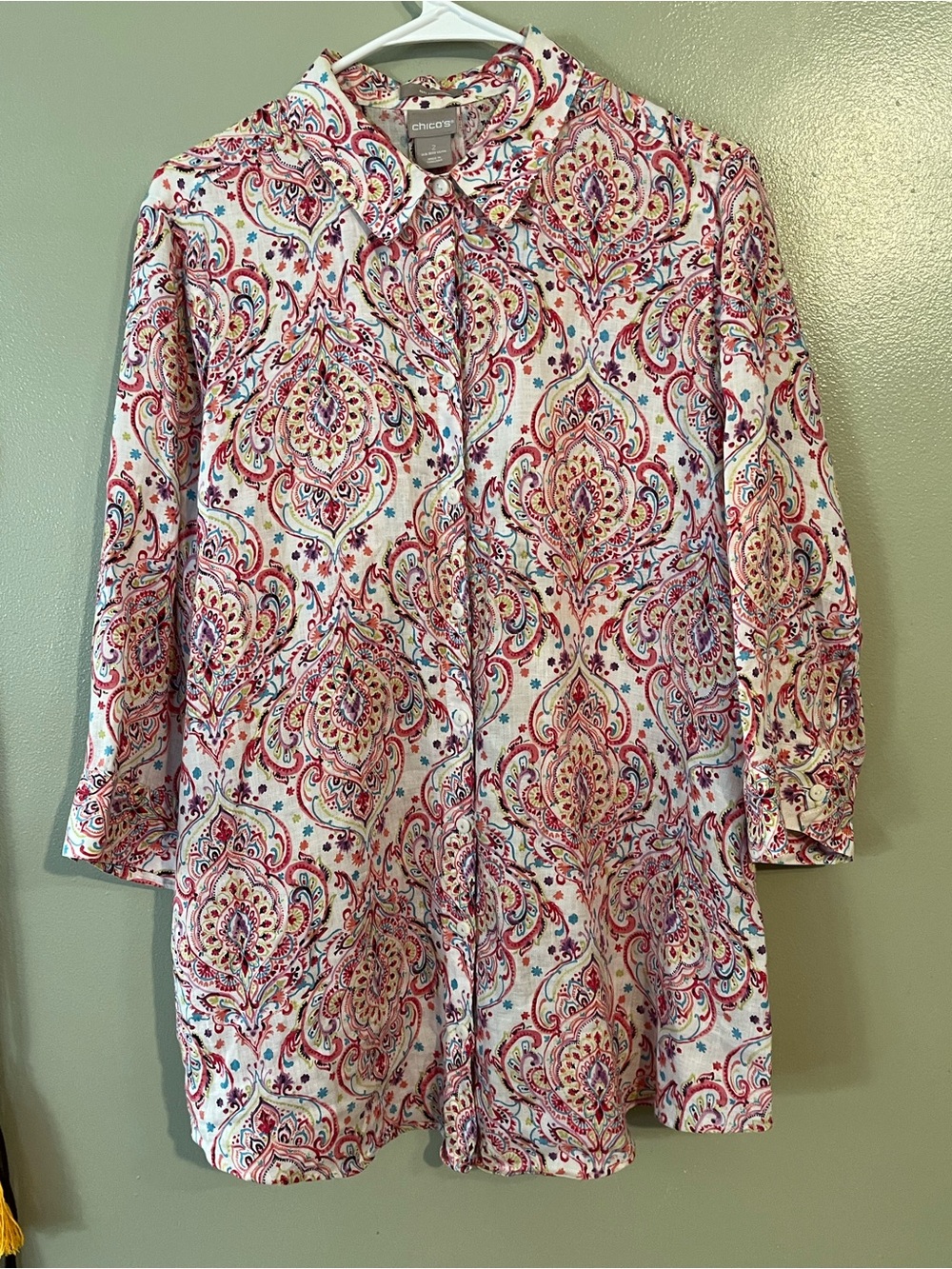 Chico's Pink, Red and Blue Paisley Button-Up Tunic No Iron 100% Linen 3/12